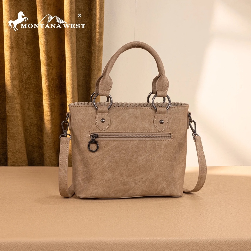 Montana West Taupe Tooled Leather Satchel with Sunflower Charm - Picture 2 of 5